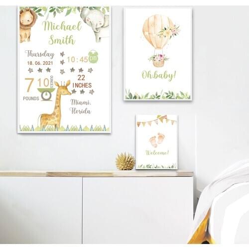 Custom Poster Nursery Art Print Animal Personalized Baby Birth Canvas Painting Wall Picture Nordic Kid Boy Bedroom Decoration