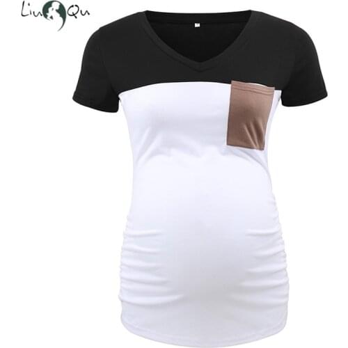 Womens Casual Maternity Tops Comfort Short Sleeve V Neck Pink Color block Pregnancy T-Shirt With Pocket Mama Pregnant Top Tee