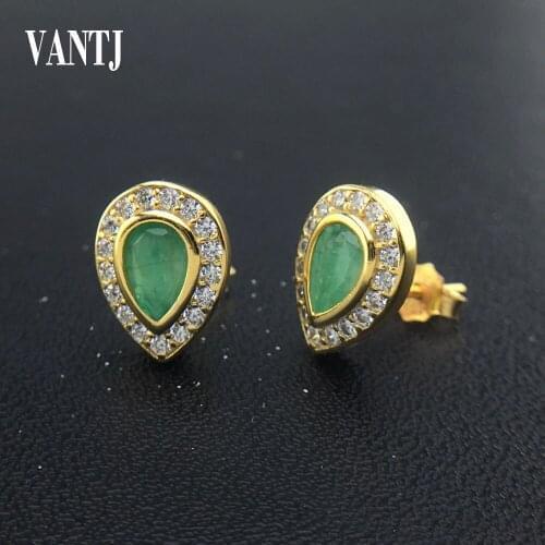 VANTJ Real Natural Emerald Earrings Sterling 925 Silver Pear Cut 0.52ct Fine Jewelry for Women Lady Party Wedding Gift with Box