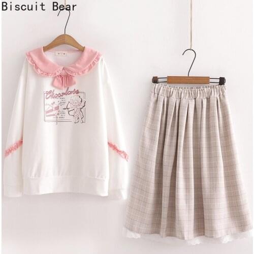 Sweet Style 2 Pieces Set Women Cartoon Print Bow Ruffles Long Sleeve Sweatshirts And Plaid Knee Length Pleated Skirts Girl