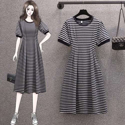 EHQAXIN Striped Dress For Women Fashion Simple Short Sleeve Loose All-Match High Waist A-Shaped T-Shirt Long Dresses L-4XL