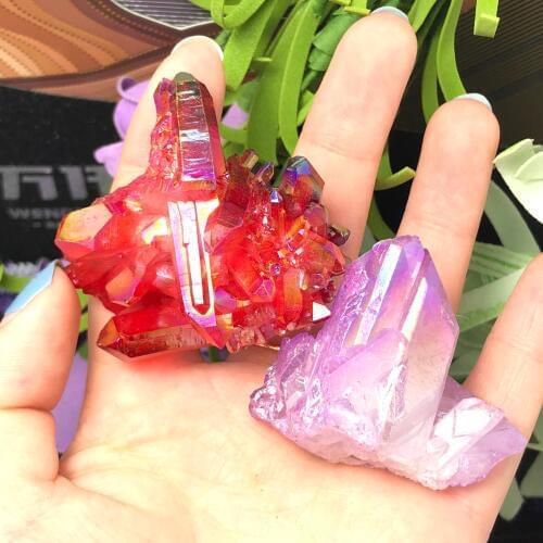 2pcs Beautiful Aura Crystal Cluster Angel Aura Titanium Quartz Crystal Stunning Rainbow Specimen Minerals Reiki Healing Chakra
