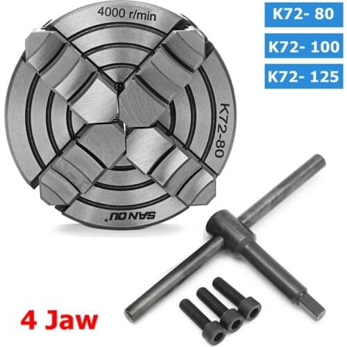 4 Jaw Lathe Chuck 80mm/100mm/125mm Independent 1pcs Safety Chuck Key 3pcs Mounting Bolt K72- 80/K72- 100/K72- 125