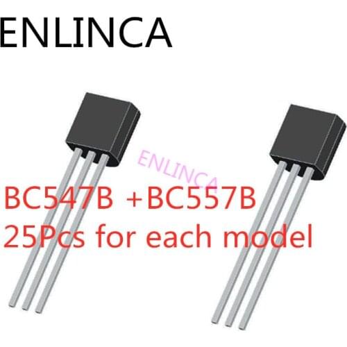 50Pcs BC547+BC557 Each 25Pcs BC547B BC557B NPN PNP Transistor TO-92 Power Triode Transistor kit Bag
