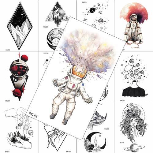 Watercolor Astronaut Tattoo Sticker Fake Body Art Arm Temporary Tattoo Decal For Adult Geometric Planet Realistic Tattoo Sticker