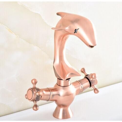 Antique Red Copper Brass Swivel Spout Dual Cross Handles Cute Animal Dolphin Style Bathroom Kitchen Sink Faucet Mixer Tap asf851