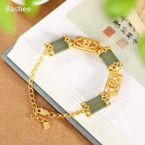 Bastiee 925 Sterling Silver Bracelet For Women jewelry Golden Plated Jade Charms Hmong Luxury Bracelets Hollow out