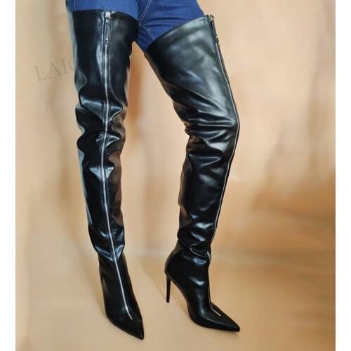BERZIMER Women Thigh High Heels Boots Front Zip Up Stiletto High Heel Zapatos Party Black Botas Shoes Woman Big Size 40 42 44 47