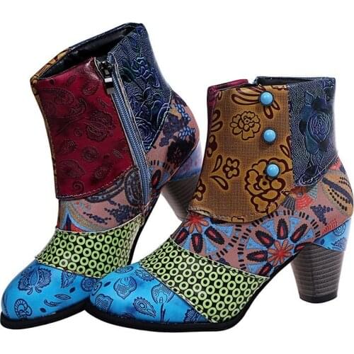 Ankle Boots for Women, Leather Ankle Bootie Vintage Fashion Short Boots Side Zipper Floral Pattern Comfort Shoes Ladies Winter