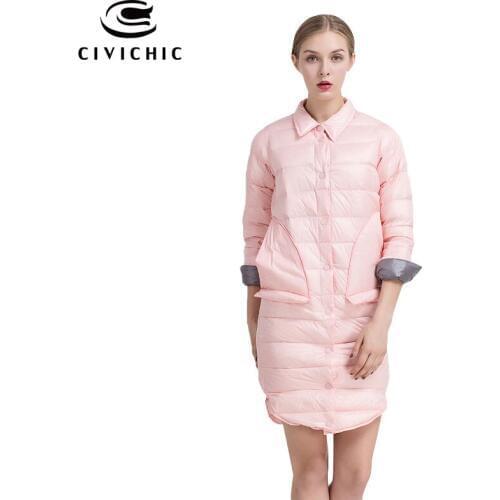 CIVICHIC Hot Fashion Woman Ultra Light Down Jacket Lapel Collar Coat Mid Long Slim Eiderdown Warm Buttons Nine Sleeve Wear DC544