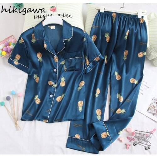 Hikigawa 2021 Summer Ice Silk Pajamas Set Women Short-sleeve Trousers Thin Cardigan Ladies Home Wear Couple Pajama for Men Women