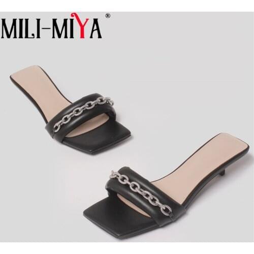 MILI-MIYA Brand High Heel Slippers Women Fashion Luxury Metal Chain Sandals Summer Square Open Toe Laides Shoes Black Apricot