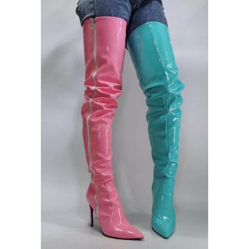 ASHIOFU Newest Handmade Womens Boots Patent Leather Blue&Pink Over Knee Boots Real Photos Sexy Evening Fashion ThighHigh Boots