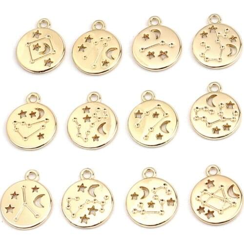 DoreenBeads Fashion Zinc Alloy Charms Round Gold Color 12 Constellations Pendants DIY Making Necklace Women Jewelry Gifts,10PCs