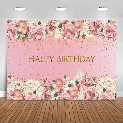 Rose Gold Glitter Happy Birthday Backdrop Floral Flowers Dots Adult Girl Birthday Party Background Decoration Custom Photography
