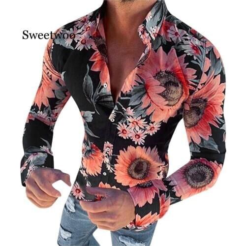 New Mens Floral Shirt Long Sleeve Casual Shirt Fashion Rose Flower 3D Printed Turn-down Collar Slim Fit Shirt For Mens Clothing