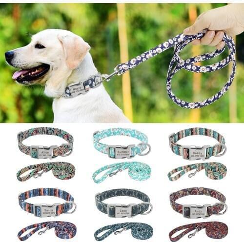 Dog Collar Leash Personalized Custom Nylon Dog Collar Lead Name ID Tags For Small Medium Large Dog Pitbull Bulldog Beagle Collar