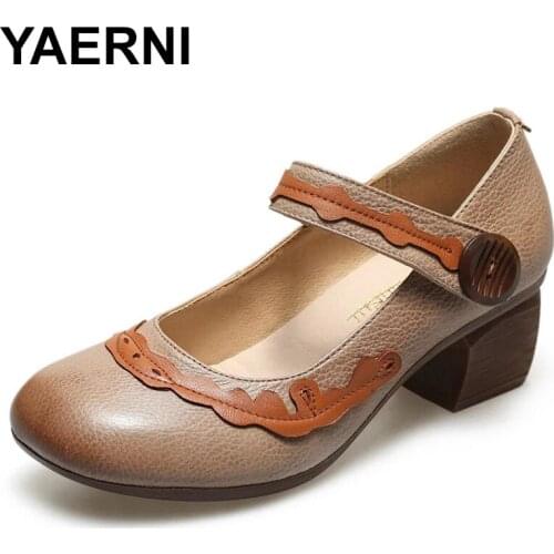 YAERNI Vintage Genuine Leather Pumps Mid Heel Women Shoes Ankle Strap Comfortable Square Heel 5CM Round Toe Leather Shoes Woman