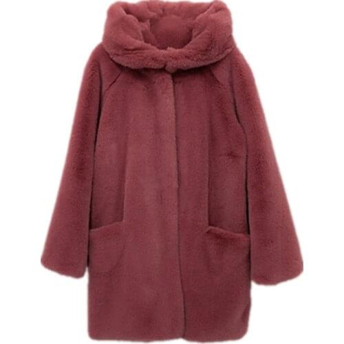 2021 New Warm Windproof Jacket Retro Fur Windbreaker Hooded Faux Fur Length Coat Hoodie Outwear Fake Rabbit Fur Coat