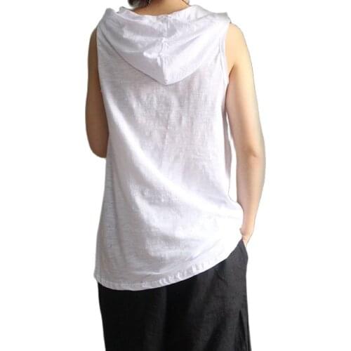 2019 summer Women hooded sleeveless camisole fitness at shirt top 100% cotton Sleeveless T-Shirt white