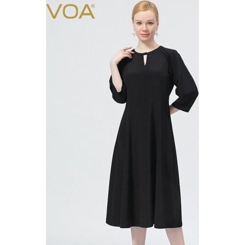 VOA Silk 36m/m Elastic Heavy Crepe Streamer Black Placket One Button Round Neck Seven Minutes Sleeve Pleated Dresses Women AE973