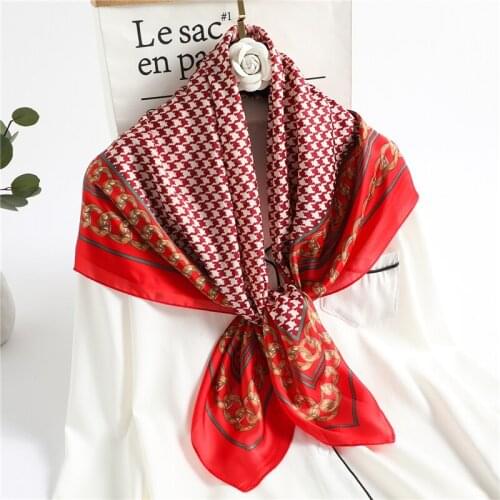 2021 New Design Plaid Women Bandana Silk Square Scarf for Neck Hijab Headband Shawl Wraps Female Foulard Large Scarves Tie