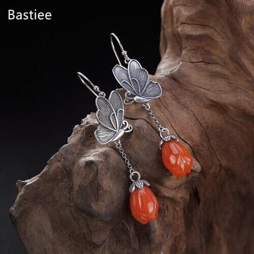 Bastiee Magnolia Flower Earrings For Women Vintage Silver 925 Jewelry Korean Earrings Red Agate Dangle Earrings Silver Earrings
