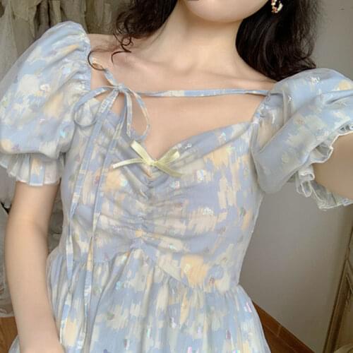 Bella 2021 French Kawaii Sweet Dress Women Short Sleeve Lace-up Elegant Dress Floral Design Party Fairy Dress 2021 Summer Sexy