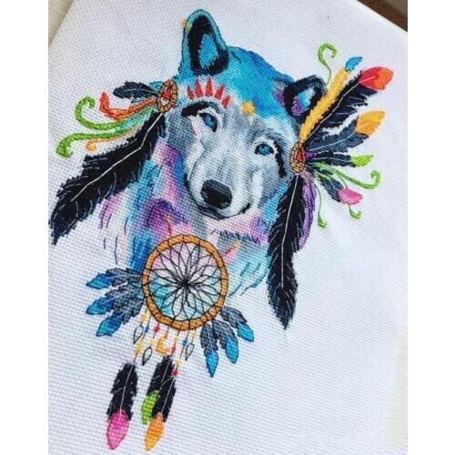 Free Delivery Top Quality Lovely Counted Cross Stitch Kit Colorful Feather Indian Wolf Totem Noble Animal