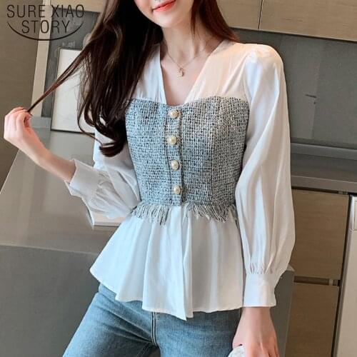 Solid White Long Sleeve Shirt Fashion Office Lady Tops Korean Style Women Spliced Chiffon Blouse V-neck Feminina shirt 8110 50