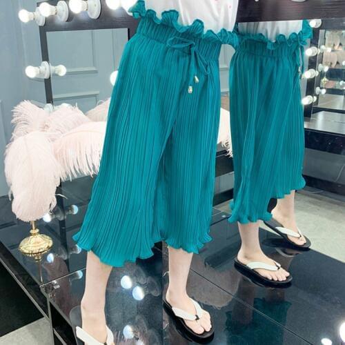 Child Girls Summer Pleated Elastic Waist Short Children Casual Ankle-Length Wide Leg Pant Kids Loose Solid Pattern Long Trouser