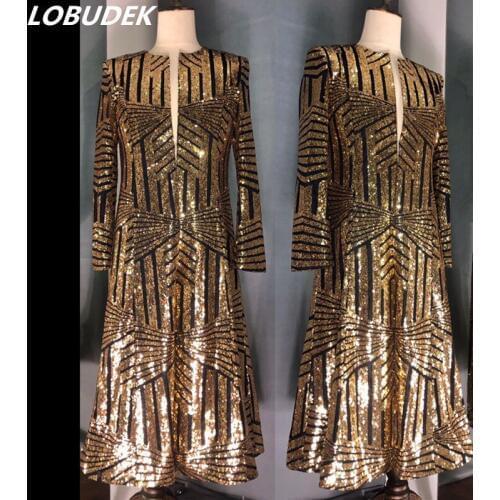 Male Singer DJ Nightclub Bar Gold Sequins Overcoat Long Coat Punk Dancer Stage Concert Performance Long Blazer Custom Made S-4XL