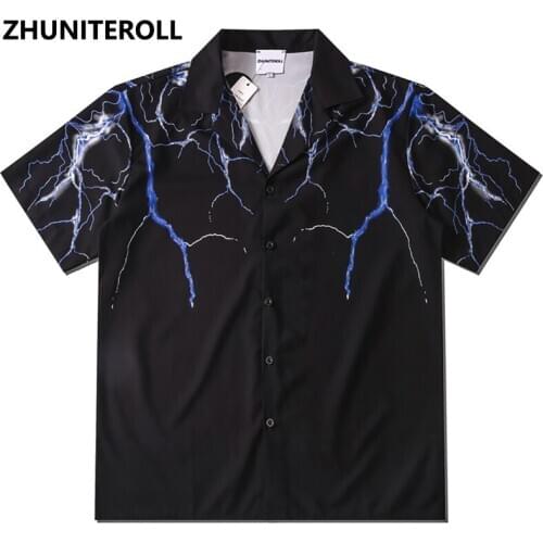 Summer Lightning Print Hawaiian Beach Shirts Hip Hop Short Sleeve Button Streetwear Men Casual Holiday Party Blouse Shirt Tops