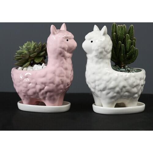 Ceramic Sheep Shape Flower Pots Mini Alpaca Design Plant Pot Basin Micro Vase Bonsai Succulent Planter Decor Crafts