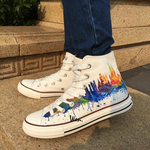 Wen Original Shoes Hand Painted Sneakers Design Custom New York City Skyline Women Mens High Top White Canvas Sneakers