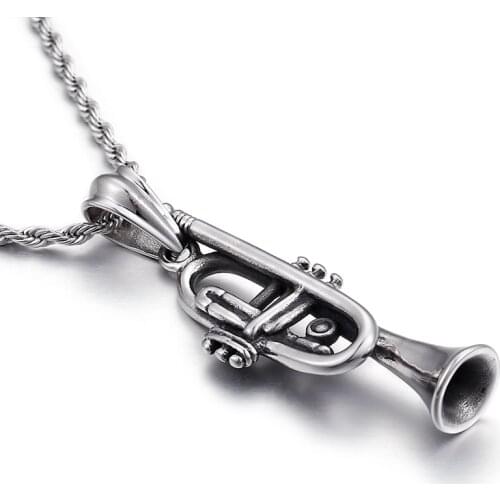 Cool gifts stainless steel titanium steel Trumpet instrument creative music pendant Mens Necklace rope chain 4mm 22