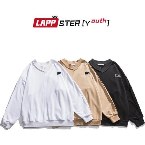 LAPPSTER-Youth Men V-Neck Asymmetry Harajuku Sweatshirts 2020 Man Korean Fashions Solid Hoodie Male Kwaii Hip Hop Casual Hoodies