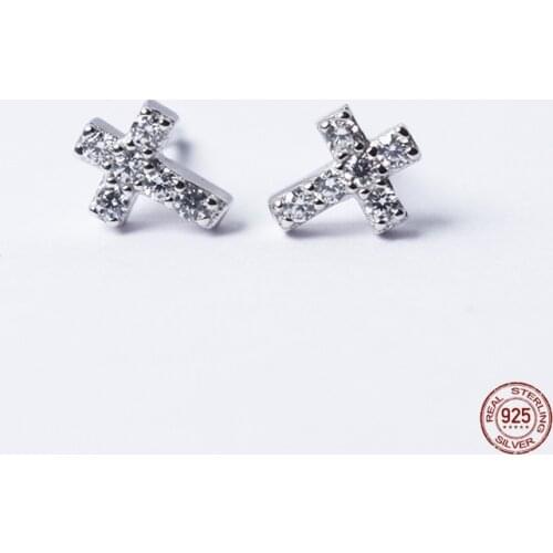 LKO 925 Sterling Silver New Pattern Fashion Inlaid Shining Zircon Crystal Delicate Cross Ear Stud For Women Jewelry Gift