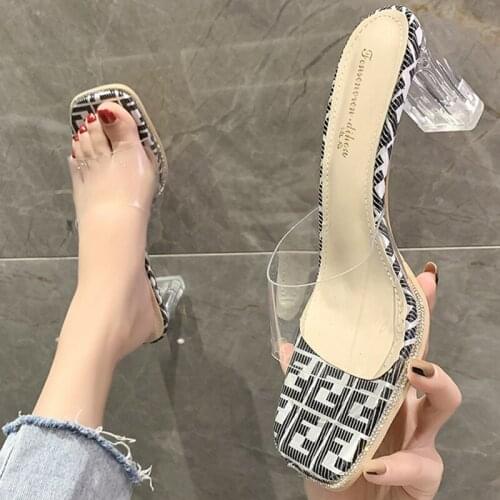 Fashion Women Sandals High Heels 2.56 Inches Beautiful Pattern Transparent Sexy Slippers(Size 35-42