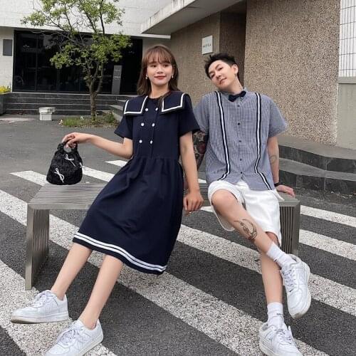 Couples' summer plaid short sleeved school uniform couples clothes couples clothing