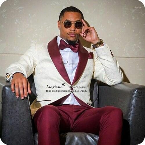 New Mens Suits Blazers Groomsmen Ivory Pattern and Burgundy Groom Tuxedos Shawl Lapel 2 Pieces for Wedding( Jacket+Pants )