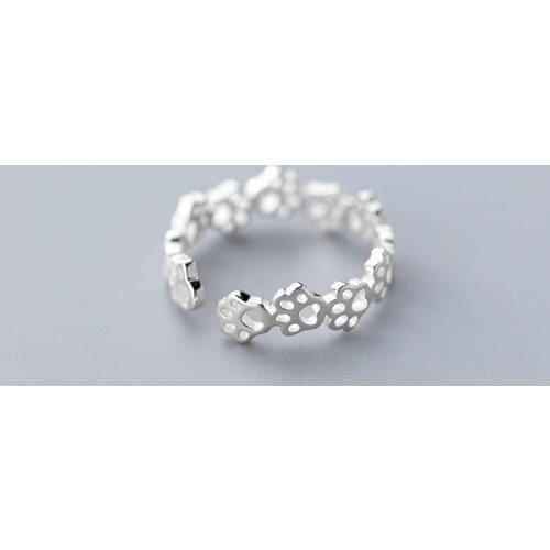 Solid 925 Sterling Silver Rings for Women Teen Girls Hollow Cat Dog Foot Print Cute Finger Band Open Adjustable Fashion Jewelry