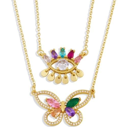 FLOLA Gold Chain Eye Necklace For Women Copper CZ White Stone Crystal Butterfly Necklace Wholesale Jewelry Gifts nkew22
