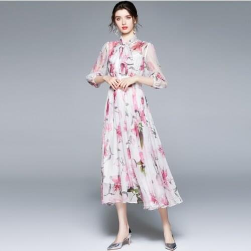 Long Sleeve Midi Dresses Summer Style Big Swing Chiffon Printed Floral Dress Bohemian Mid-Calf Lantern Sleeve Bow Woman Dress
