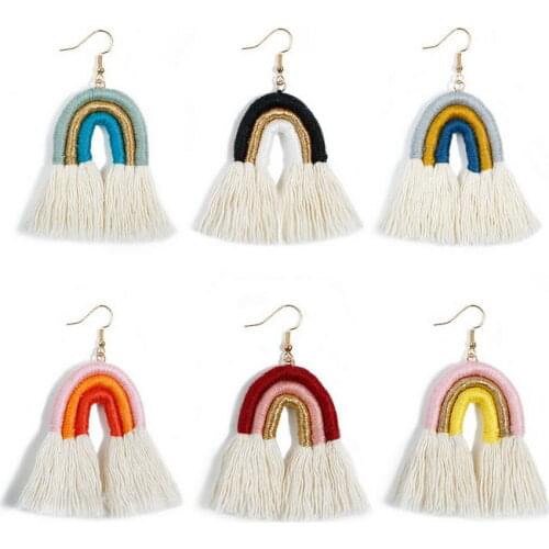 Cotton Thread Wrapped Rainbow Earrings 2020 Winter Bohemian Curve Tassel Fringe Earrings Handwork Jewelry Wholesale E7805 ZWPON