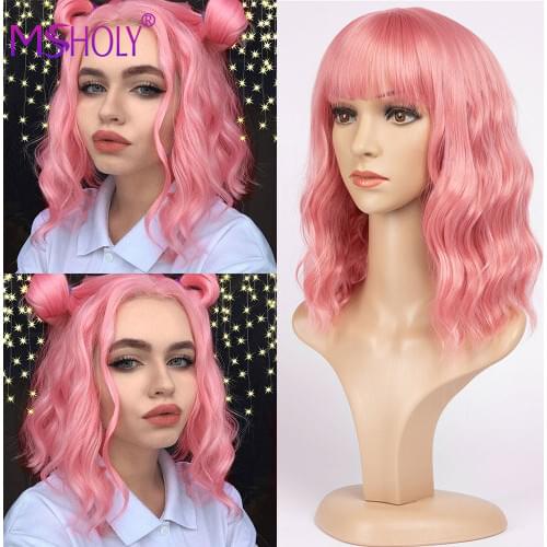 Pink Wavy Wig With Bangs Short Bob Wig Curly Wavy Bob Synthetic Red Blonde Green Purple Wigs High Temperature Cosplay Wig Msholy