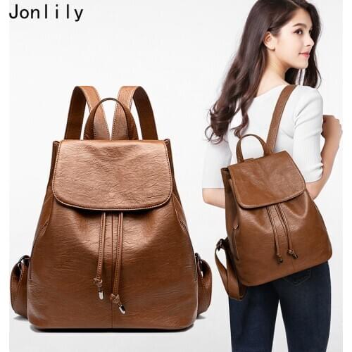 Jonlily Women Soft Leather Drawstring Backpack Female Fashion Daypack Anti-theft Bag Teens Daily Purse -KG398
