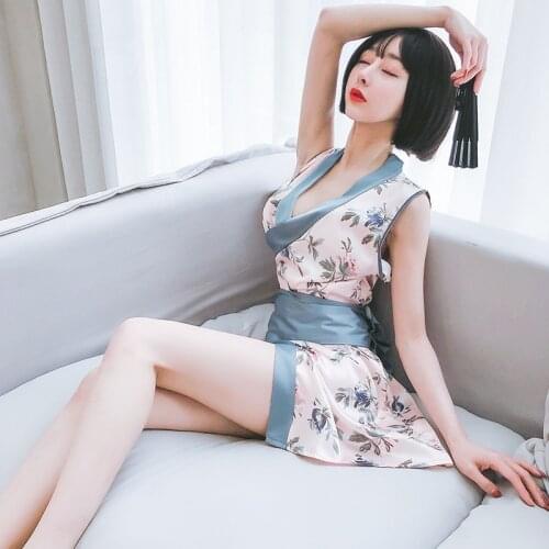 Retro Traditional Kimono Nightgown Sexy Sleeveless Side Slits Charming Kimono One Side Hollow Thin Floral Printed Sleepwear