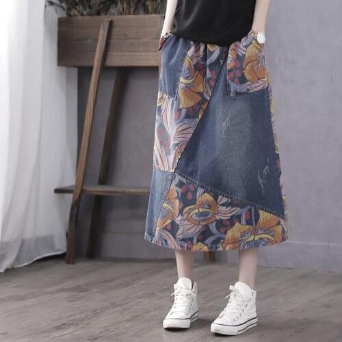 Retro Print Stitching Skirt Long Section Womens High Waist Spring Autumn A Line Denim Skirt Oversize Casual Faldas Mujer r319
