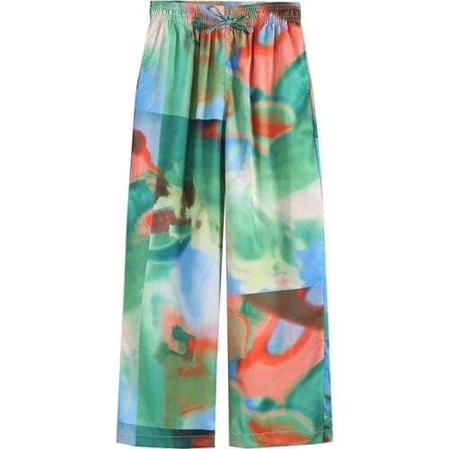 2021 New Women Ink Stain Printed Women Elastic Waist Pants Spring Autumn Lace Up Loose Summer Wide Leg Trousers Summer Chic